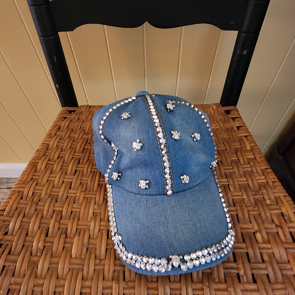 Embellished Denim Cap with Skulls